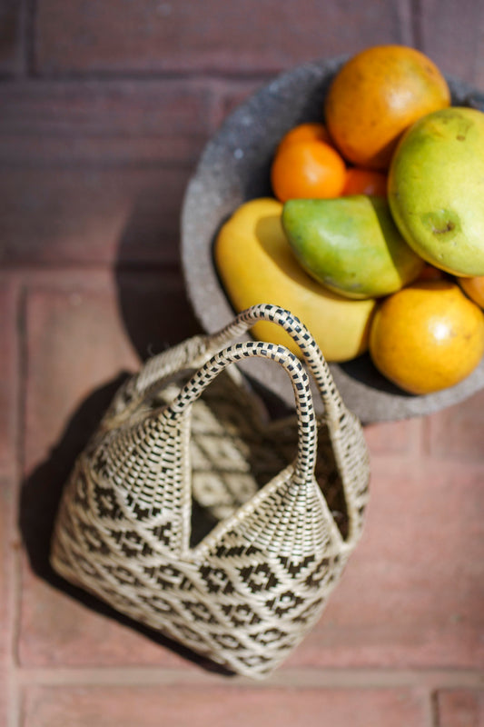 Geometric black and white mini woven basket bag